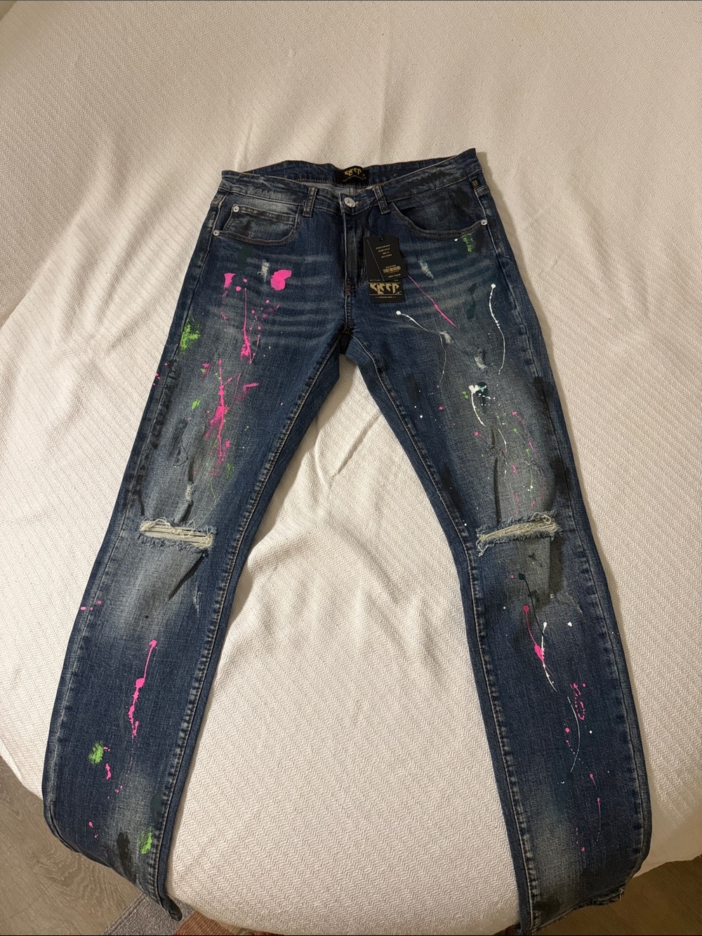 Men's Skinny Dark Wash Paint-Splatter Jeans - Blue